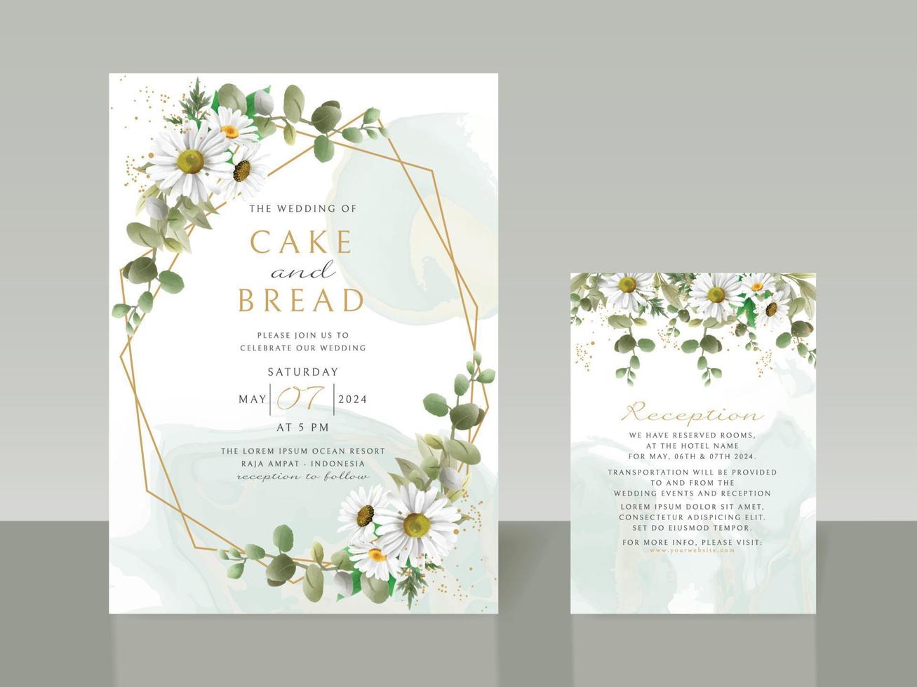 Beautiful white flower wedding invitation card set vector