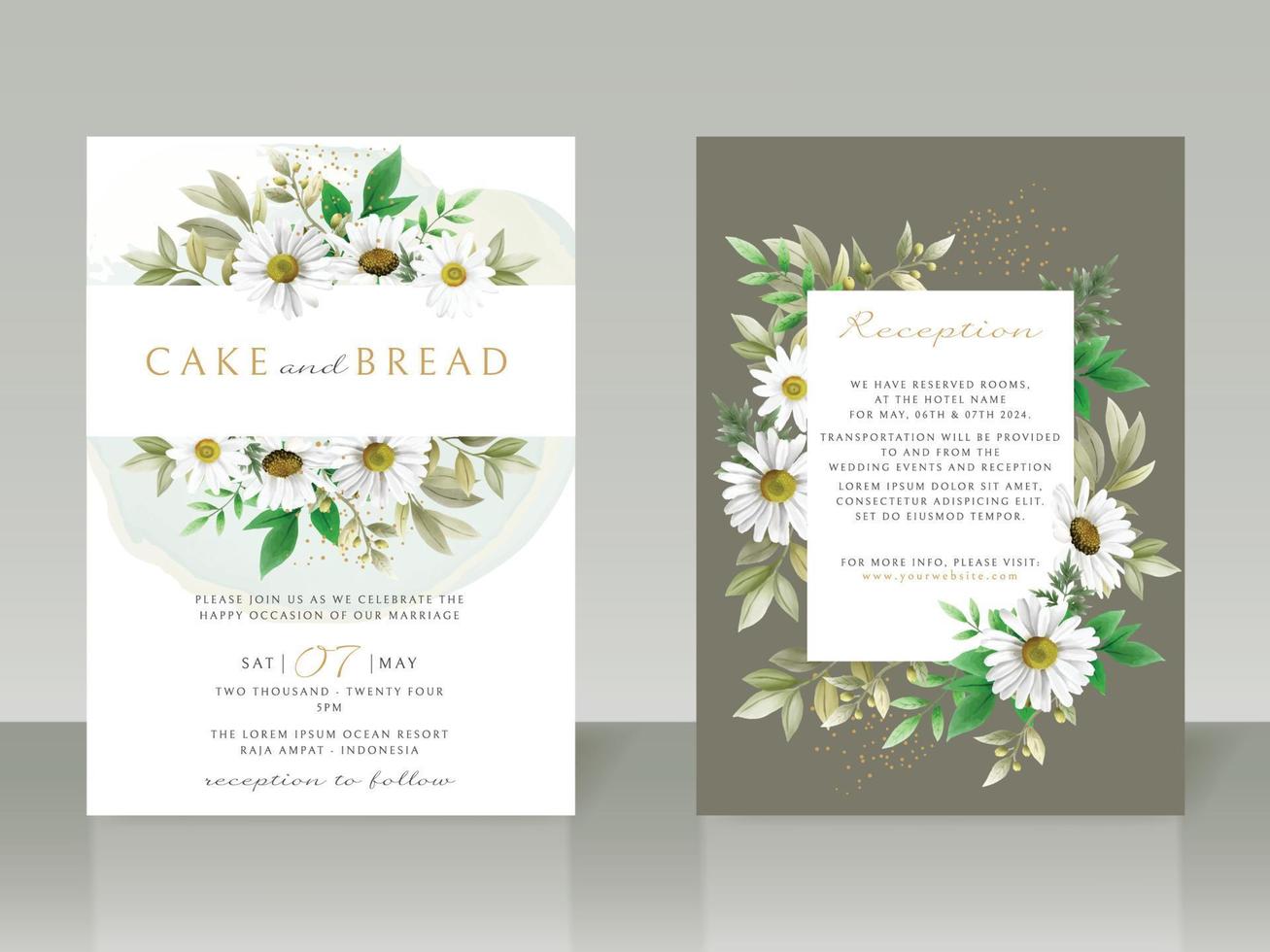 Beautiful white flower wedding invitation card set vector