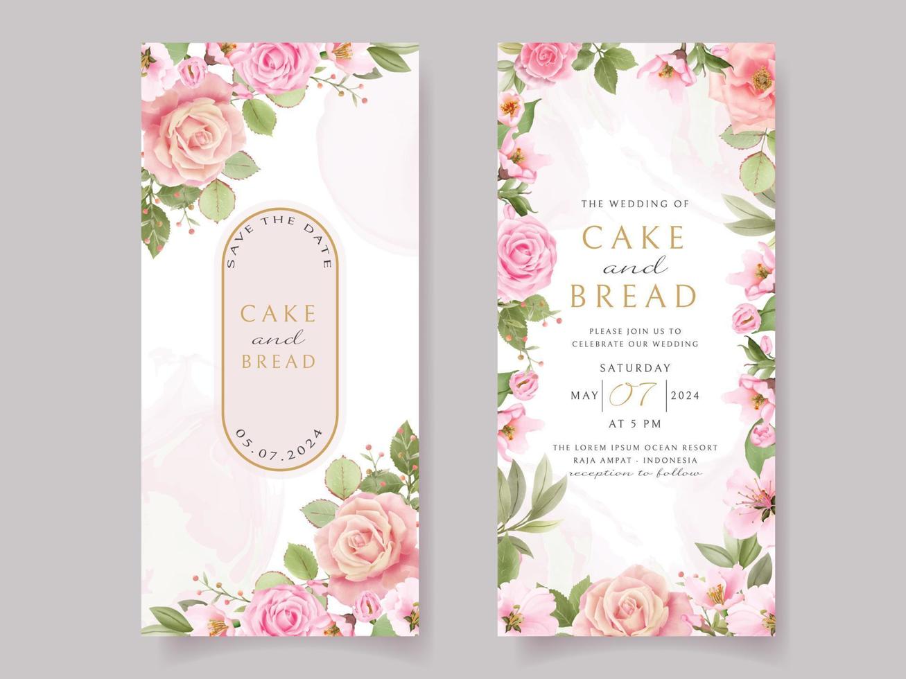plantilla de tarjeta de invitación de boda rosa rosa y flor de cerezo vector