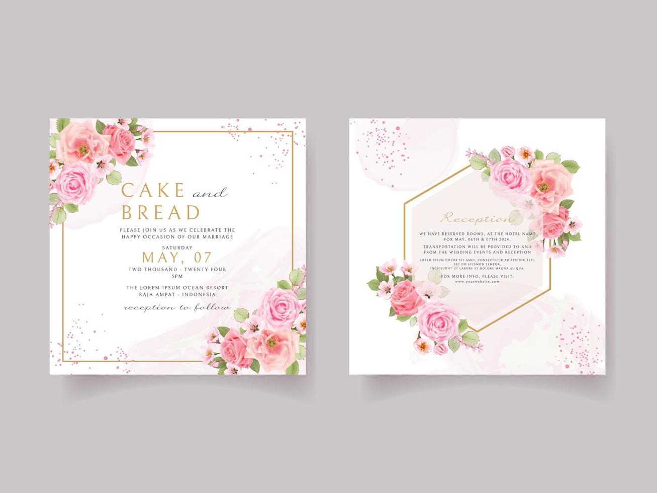 Pink rose and cherry blossom wedding invitation card template vector