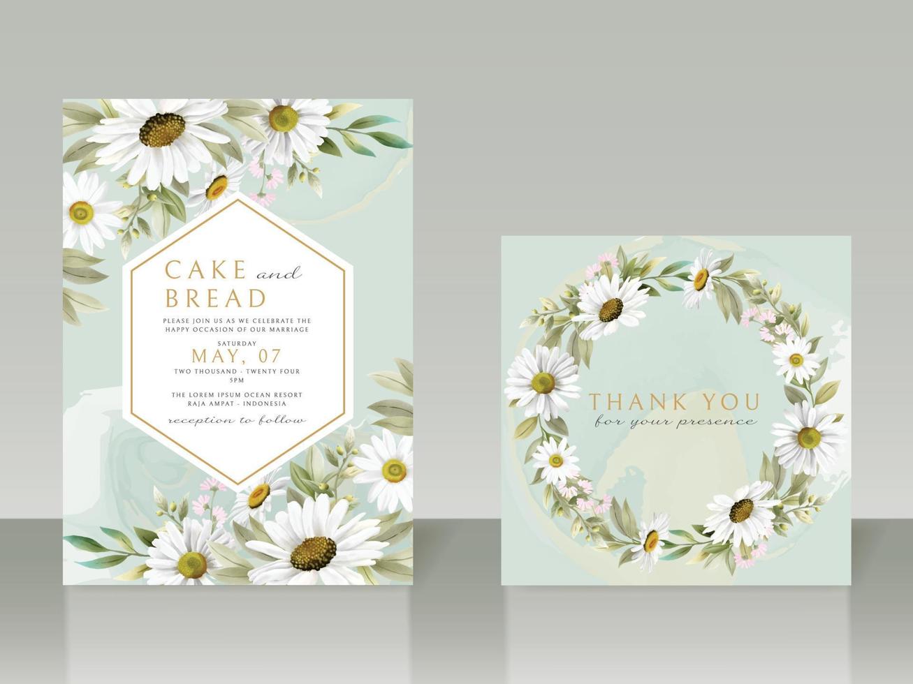 Beautiful white flower wedding invitation card set vector