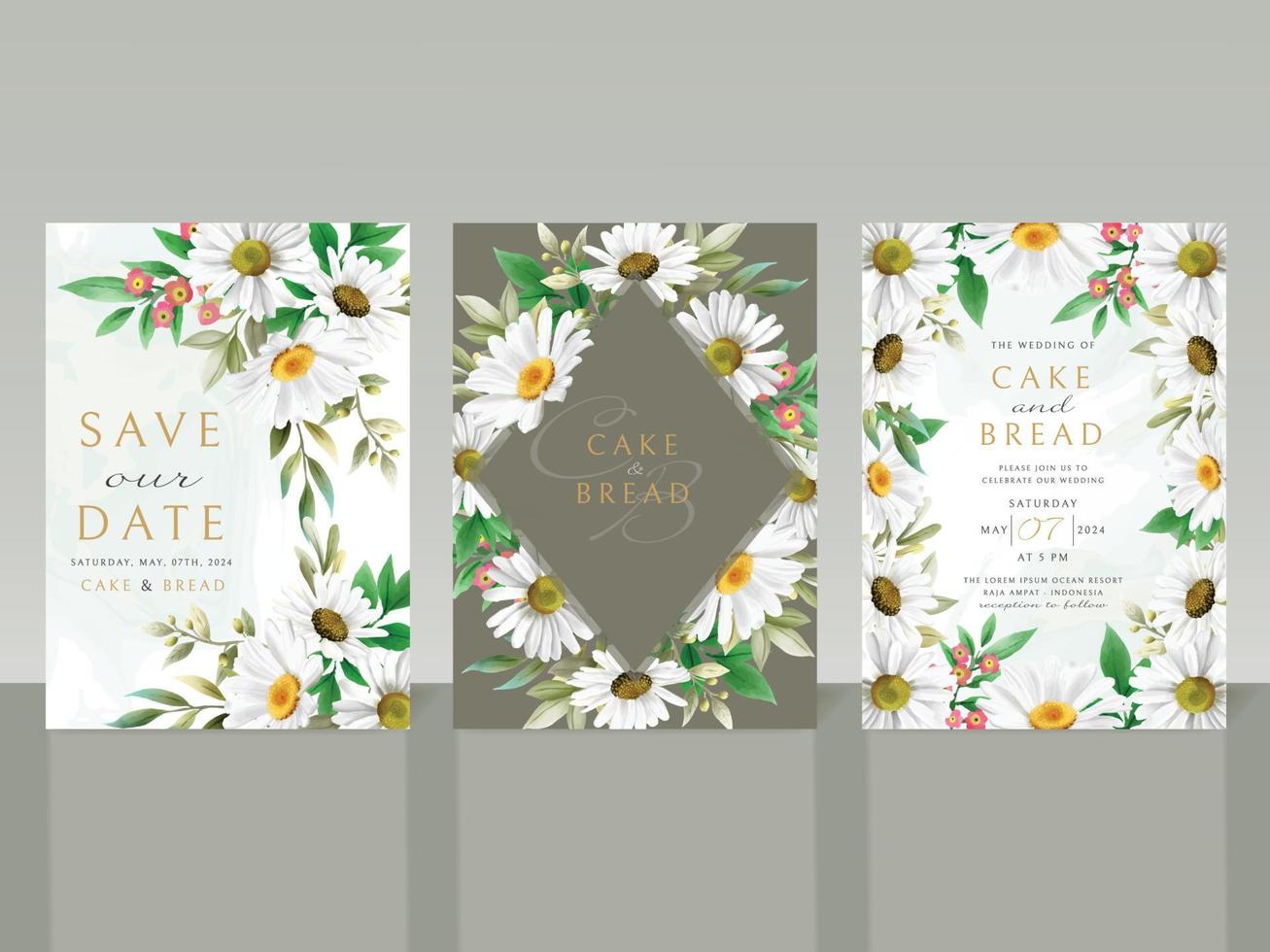 Beautiful white flower wedding invitation card set vector