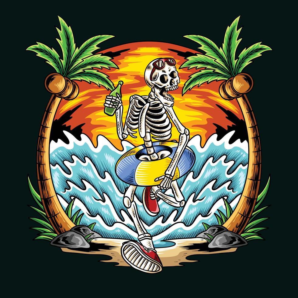 Summer beach skeleton with swim ring vector