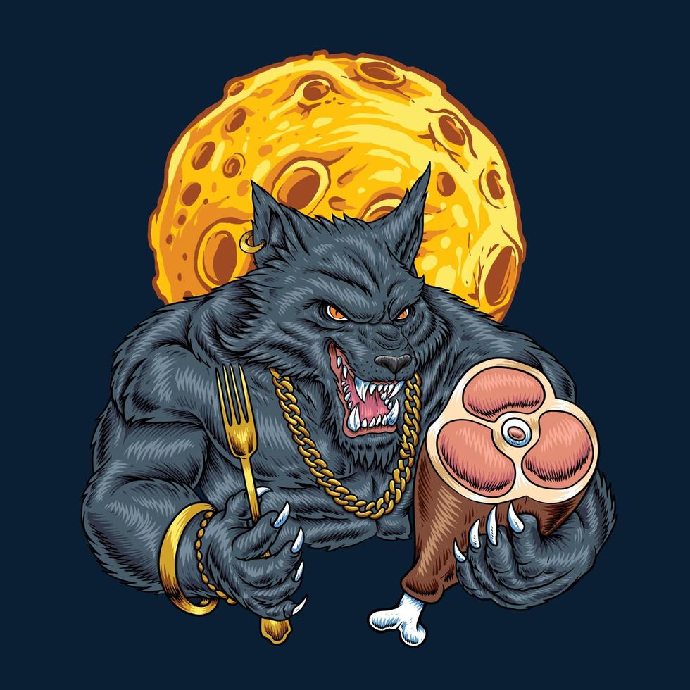 Werewolf hip hop hold meat and fork vector