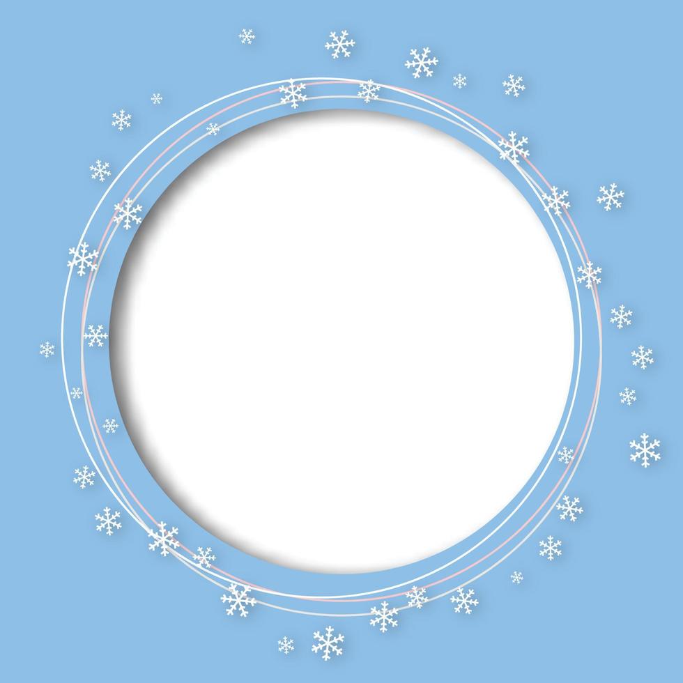 tarjeta de felicitación azul de navidad vectorial con lugar redondo para texto y copos de nieve. vector