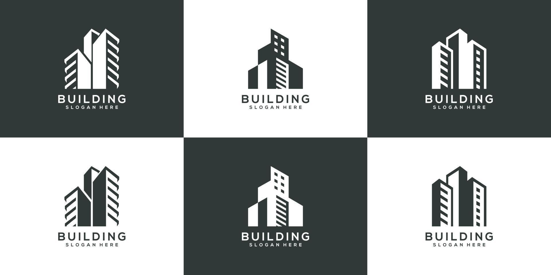 conjunto de logotipo de construcción con estilo de arte de línea. resumen de construcción de la ciudad para la inspiración del diseño del logotipo vector