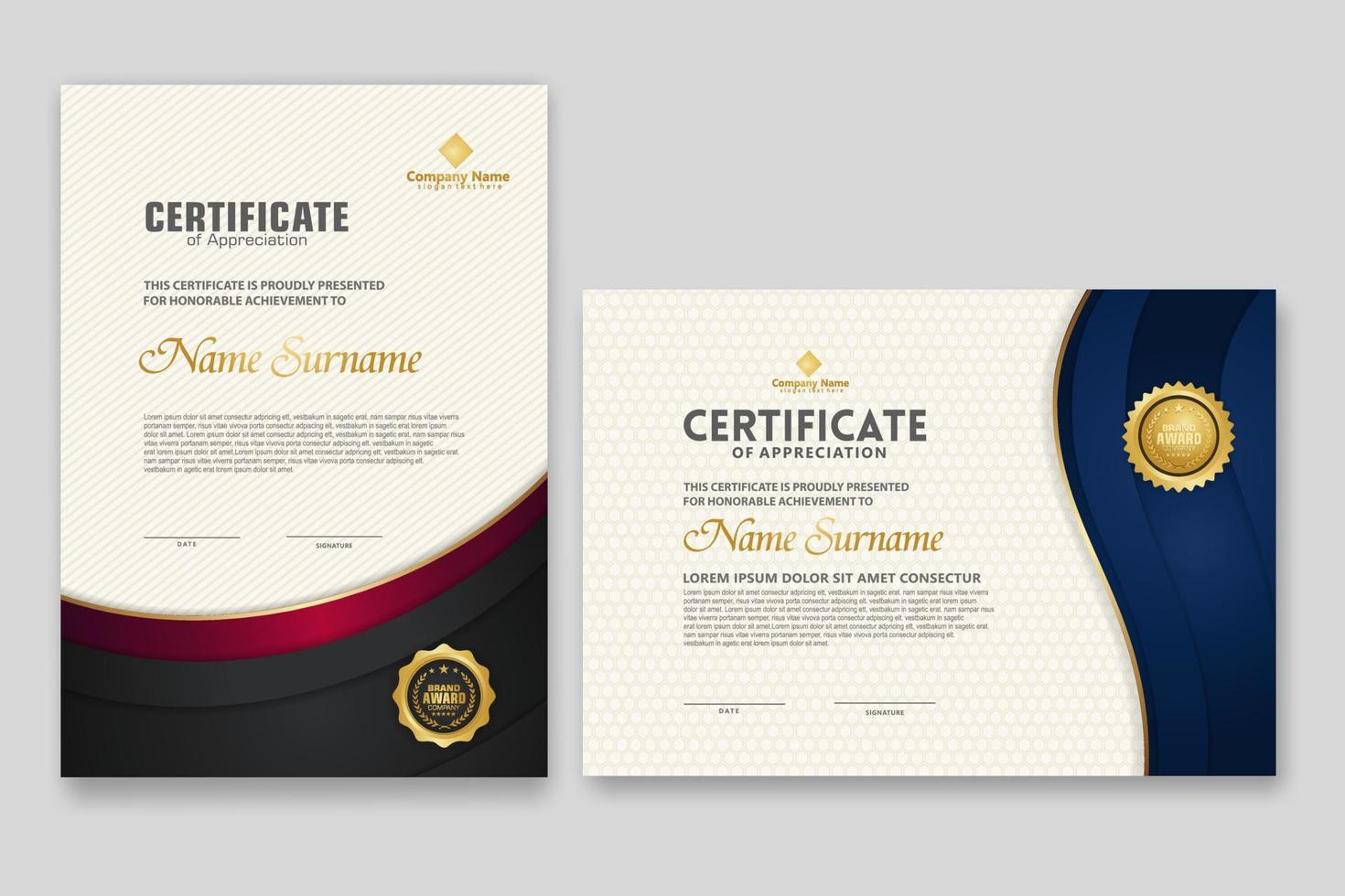Certificate template with luxury badge and elegance modern pattern background. for appreciation, achievements, award, business, and education needs. vector illustration