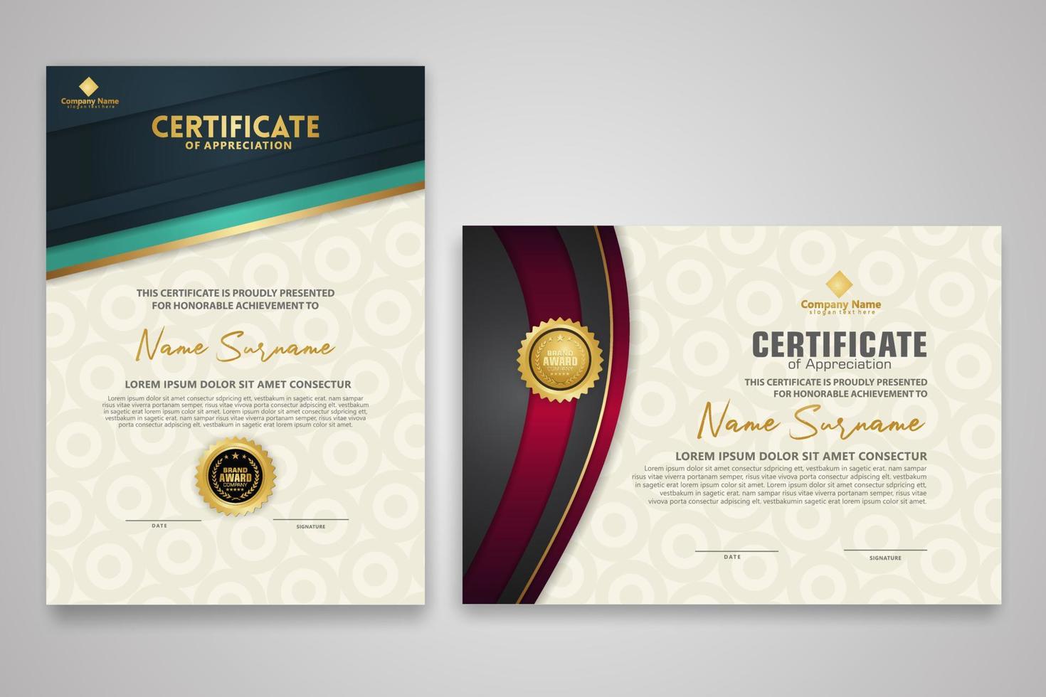 Certificate template with luxury badge and elegance modern pattern background. for appreciation, achievements, award, business, and education needs. vector illustration