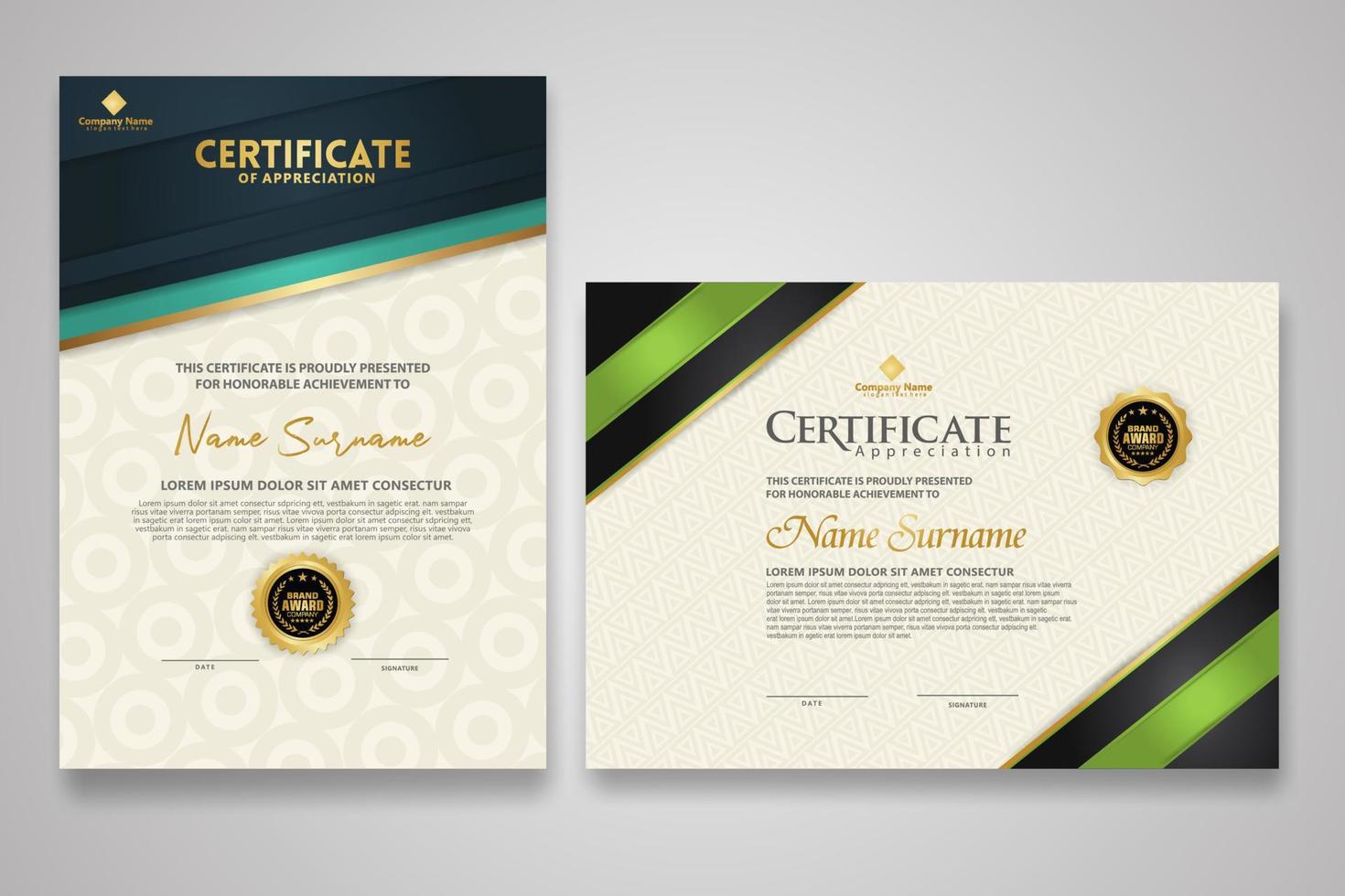 Certificate template with luxury badge and elegance modern pattern background. for appreciation, achievements, award, business, and education needs. vector illustration