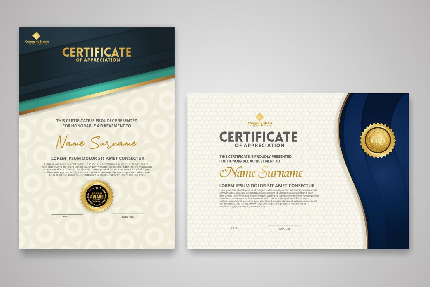 Certificate template with luxury badge and elegance modern pattern background. for appreciation, achievements, award, business, and education needs. vector illustration