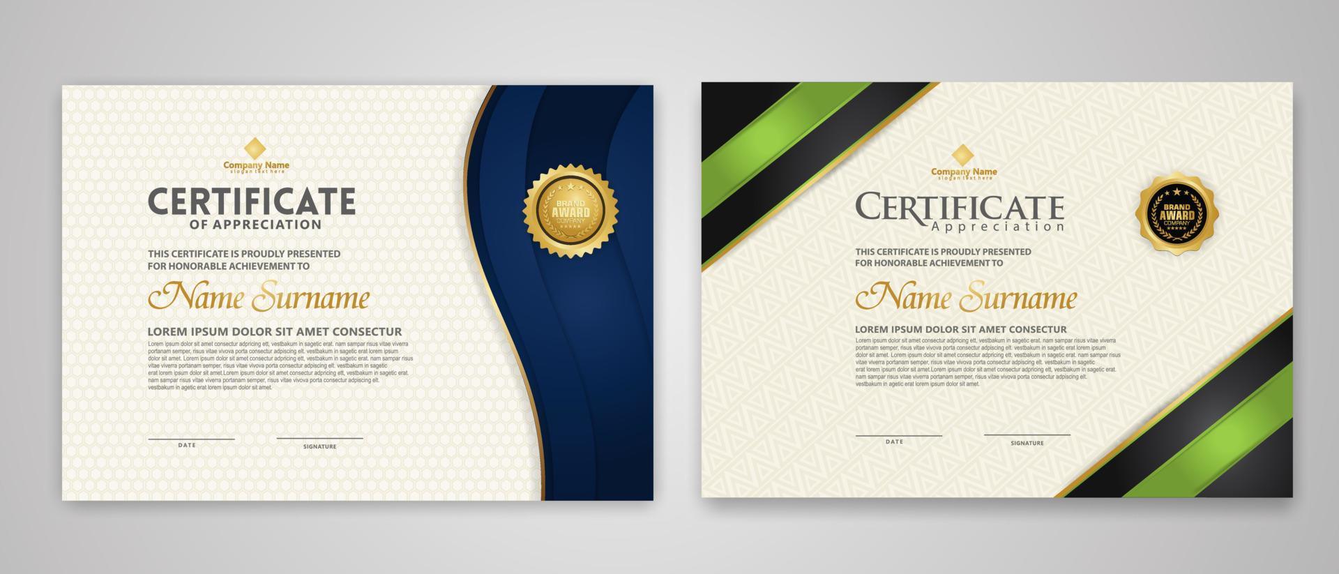 plantilla de certificado con insignia de lujo y fondo de patrón moderno de elegancia. para reconocimiento, logros, premios, negocios y necesidades educativas. ilustración vectorial vector