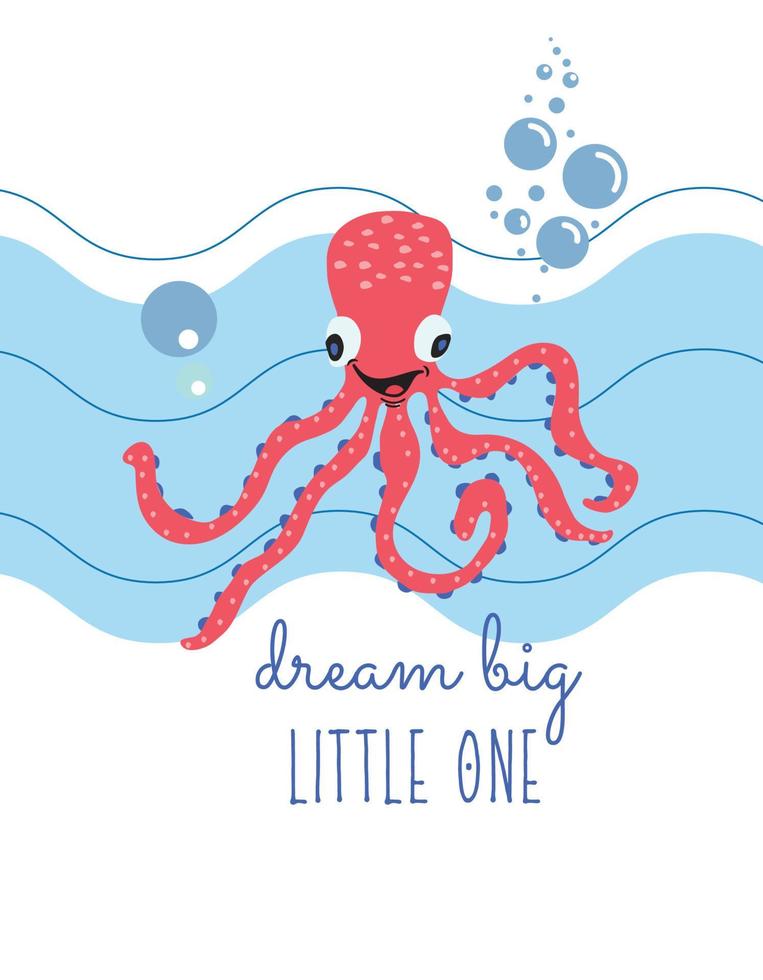 Red Blue Underwater World Octopus T-Shirt.eps vector