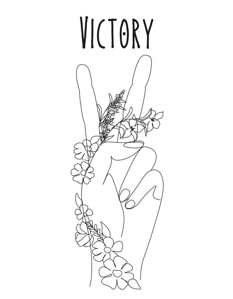 Black and White Beautiful Line Art   Hand Victory Sign T-Shirt.eps vector