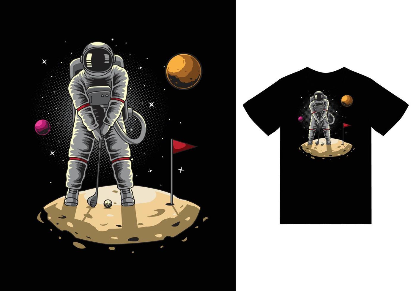 astronauta jugando al golf en la ilustración de la luna con diseño de camiseta vector premium