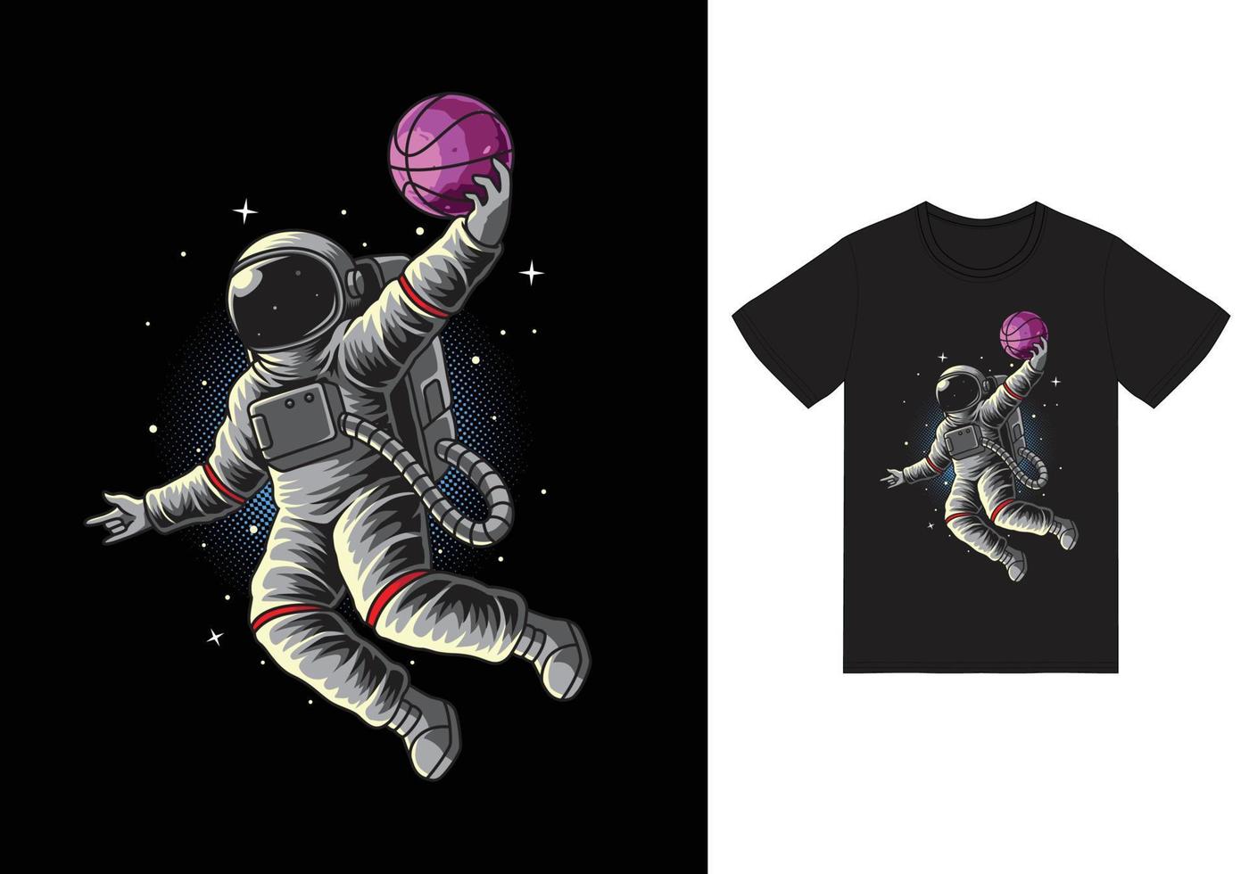 astronauta baloncesto slam dunk en ilustración espacial con diseño de camiseta vector premium