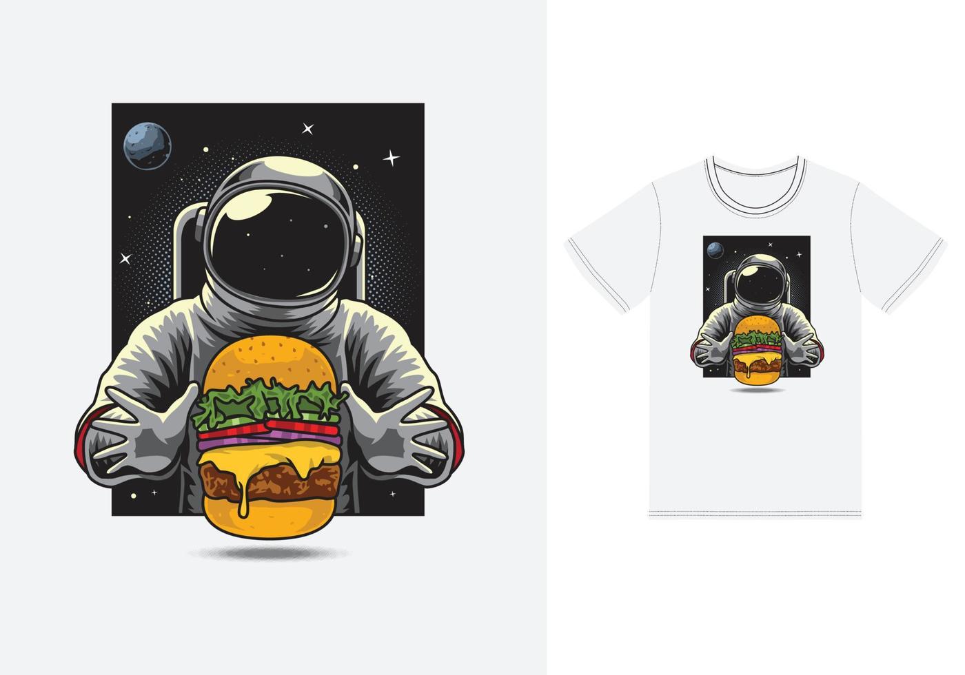 Astronaut eating burger illustration with tshirt design premium vector