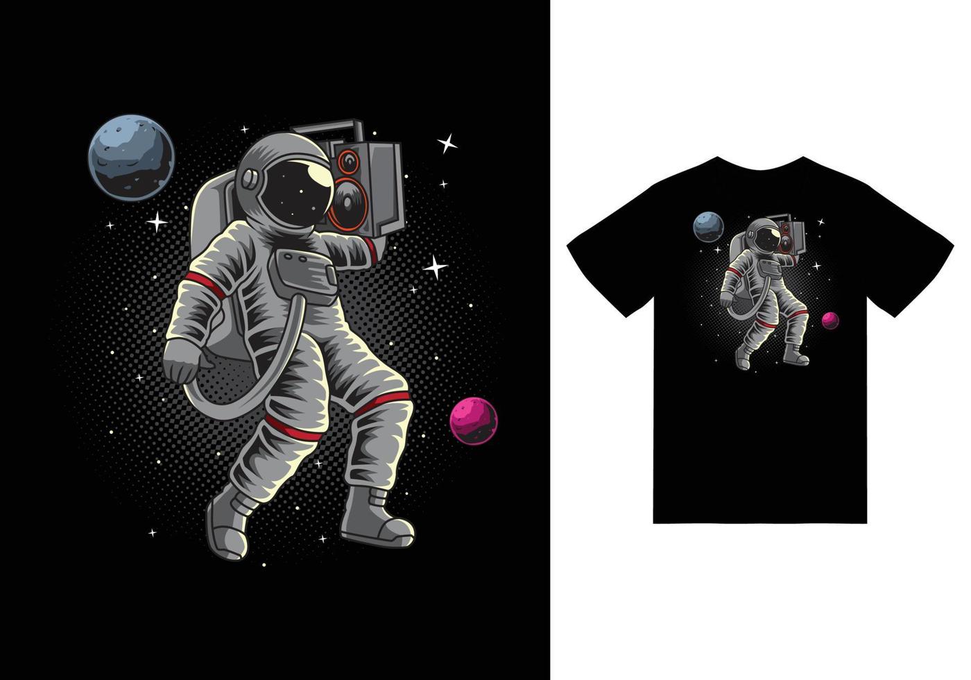 astronauta sosteniendo radio en ilustración espacial con diseño de camiseta vector premium