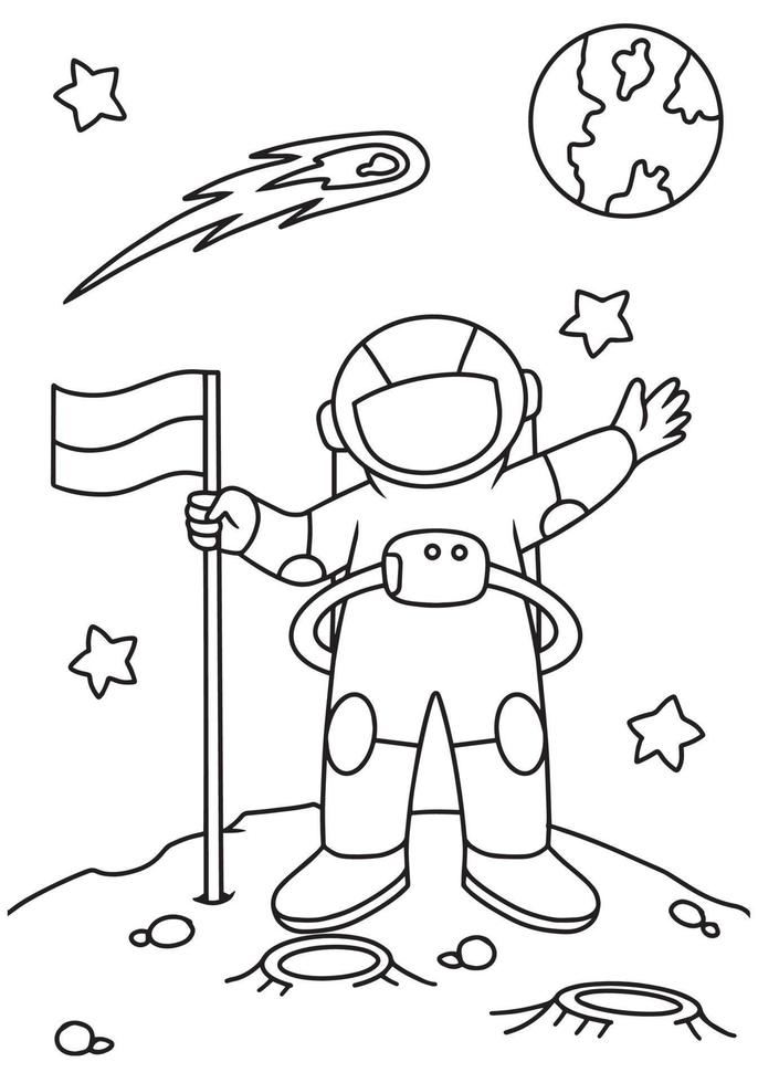 Cute astronaut with flag coloring book illustration vector