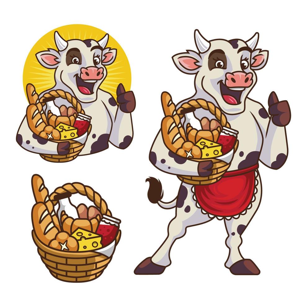 logotipo lindo de la mascota de la vaca de la cesta de pan vector