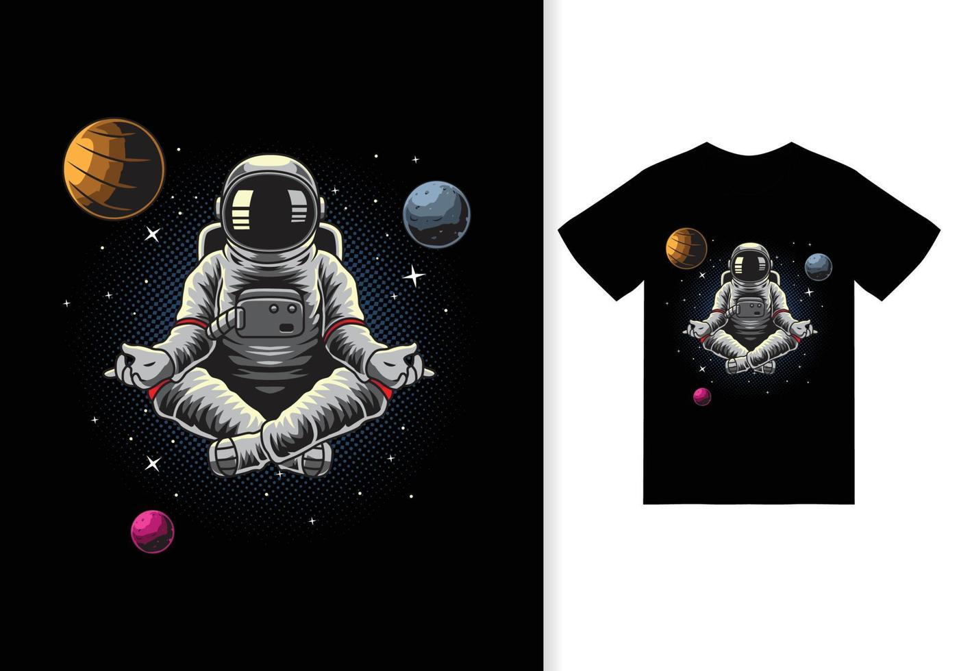 astronauta yoga meditación en ilustración espacial con diseño de camiseta vector premium