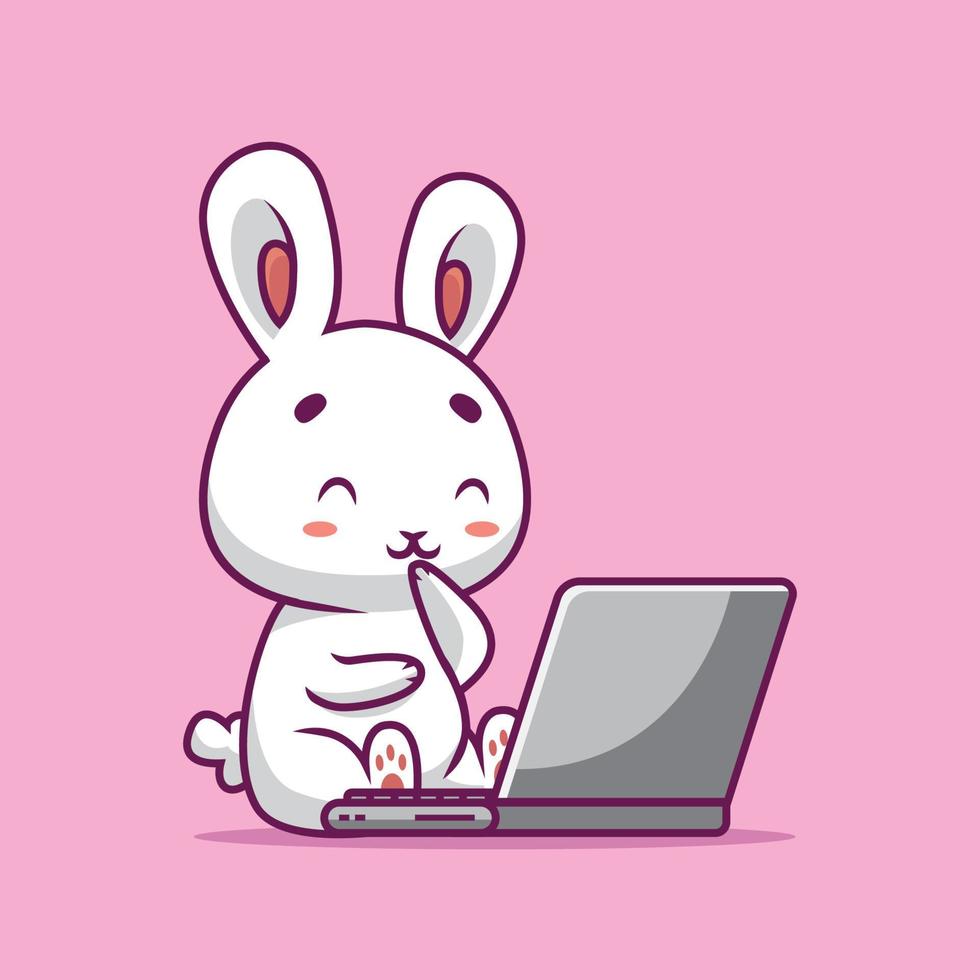 cute rabbit watching movie on laptop cartoon illustration vector