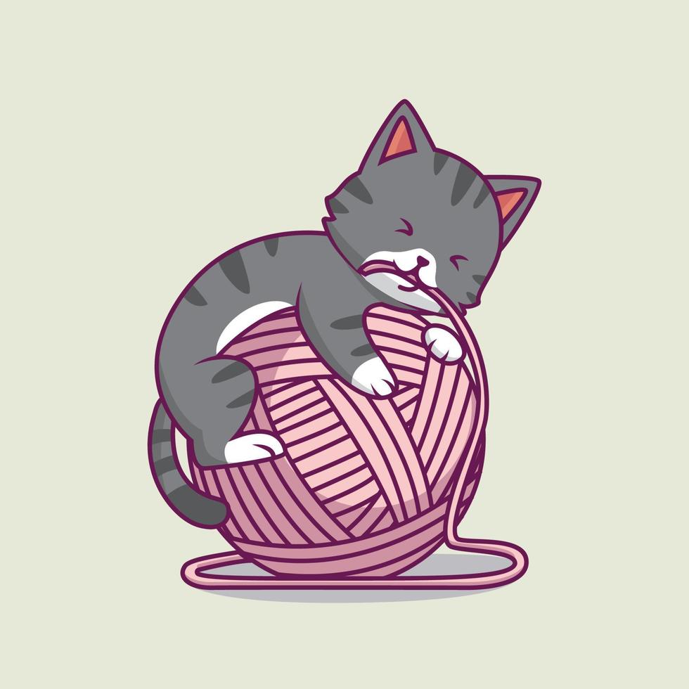 cute cat playing yarn ball cartoon illustration vector