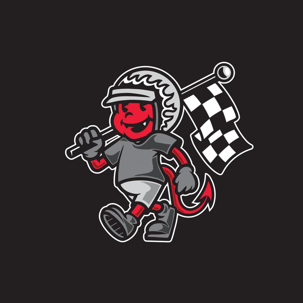 Cute mascot devil holding flag racing premium vector