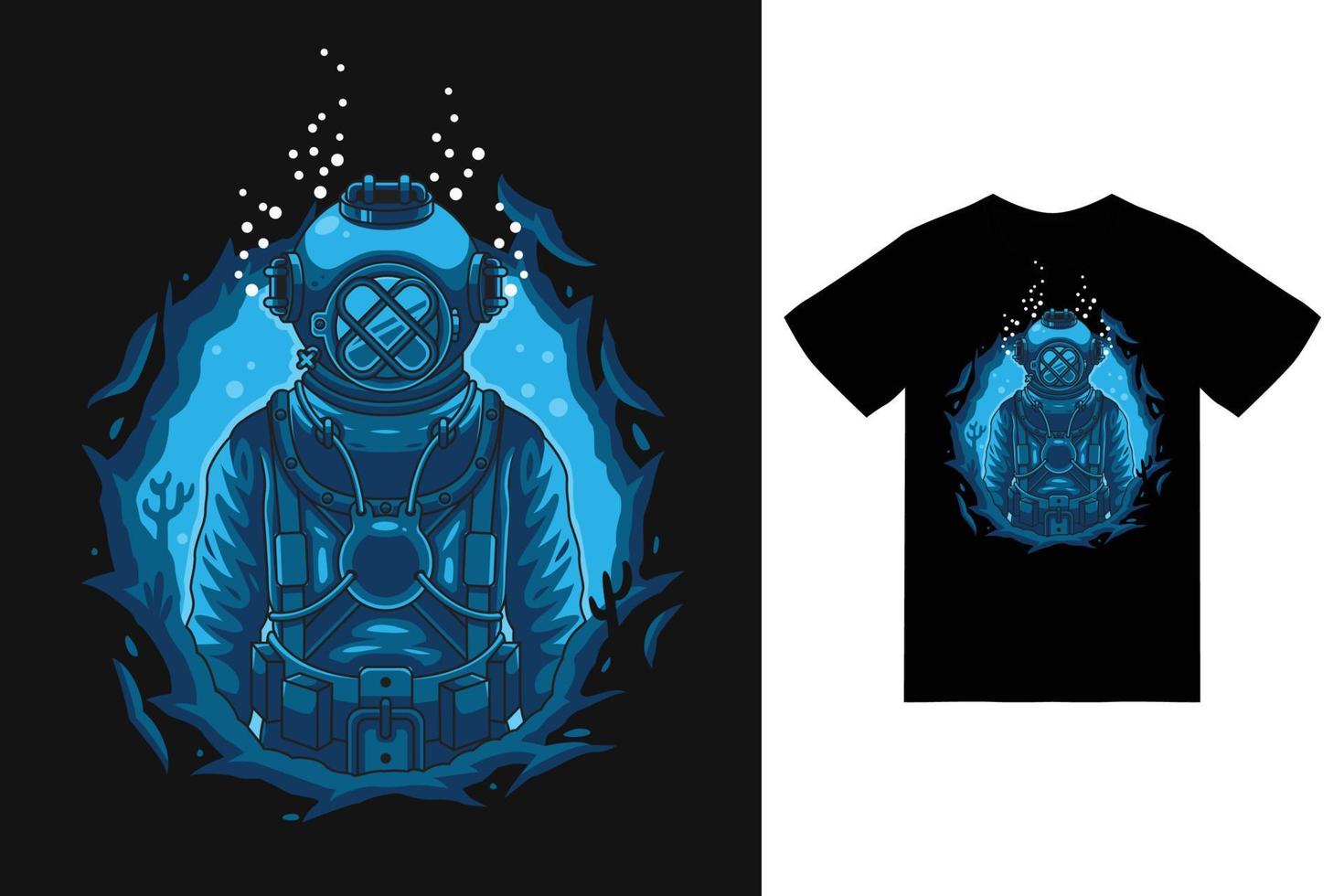 Deep sea diver illustration with tshirt design premium vector