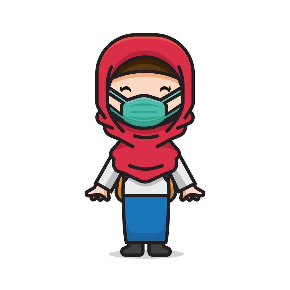 cute muslim girl student wearing mask vector