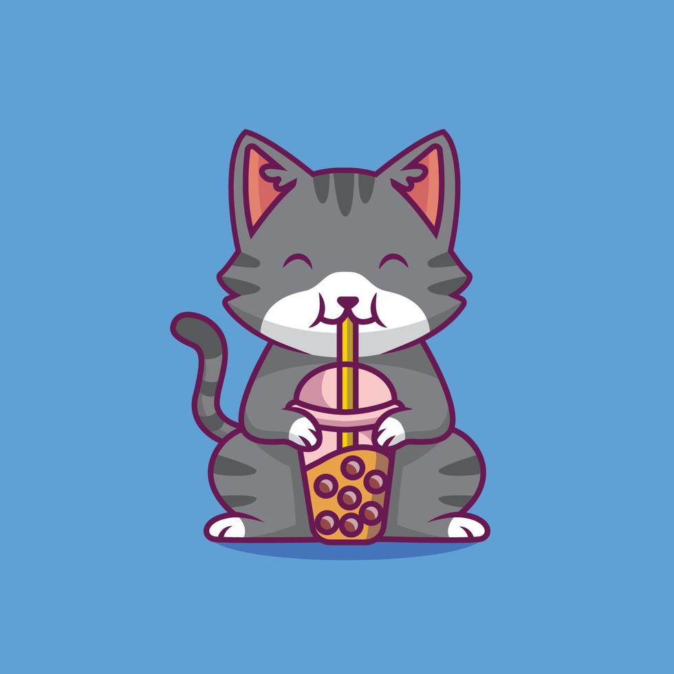 Cute Cat Drink Boba Milk Tea Cartoon Vector Icon Illustration