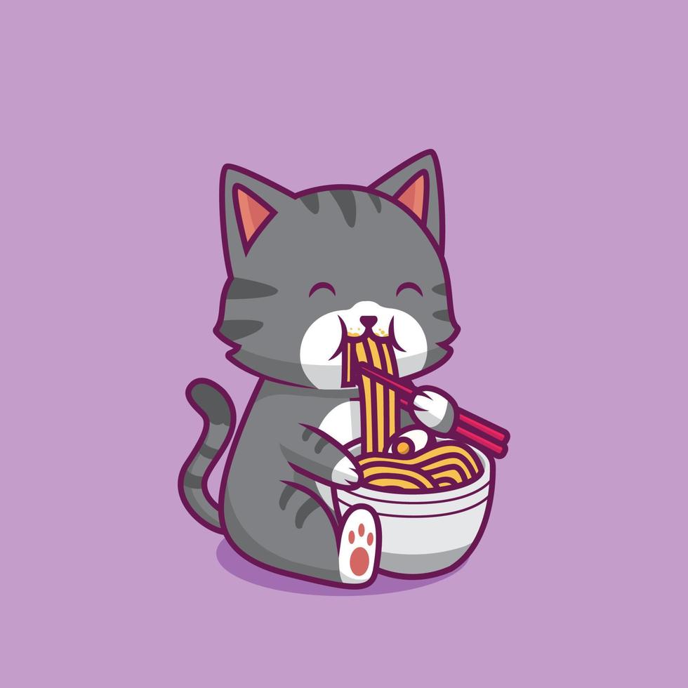 lindo gato comiendo fideos ilustración de dibujos animados vector