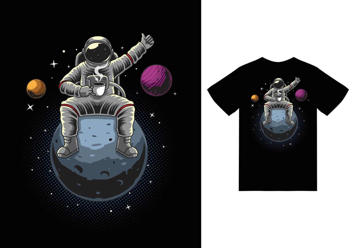 Astronaut sitting while holding coffee cup illustration with tshirt design premium vector