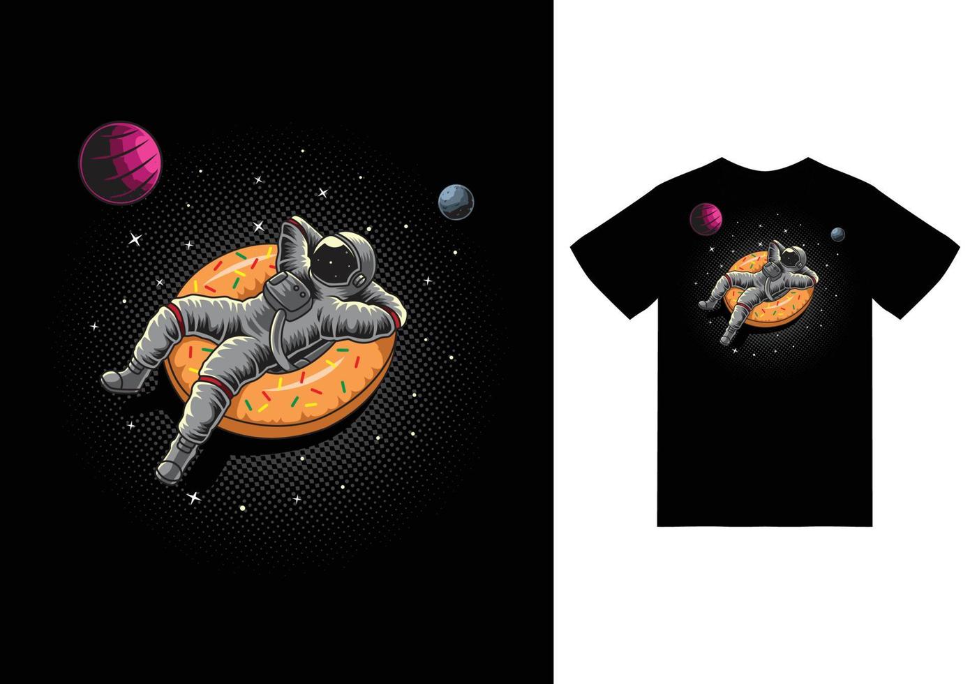 Astronaut floating on space donut balloon illustration with tshirt design premium vector