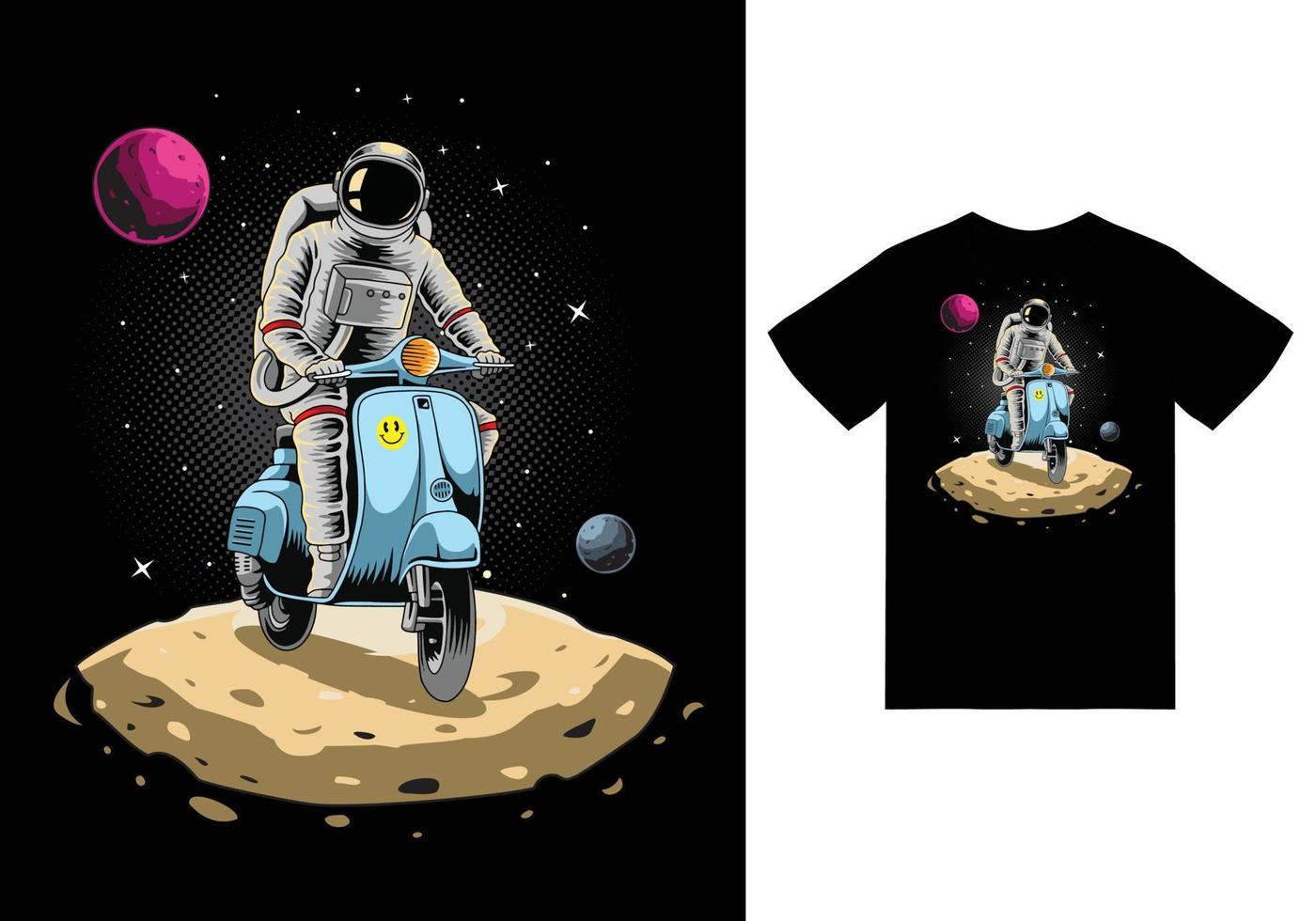 astronauta montando scooter en ilustración espacial con diseño de camiseta vector premium