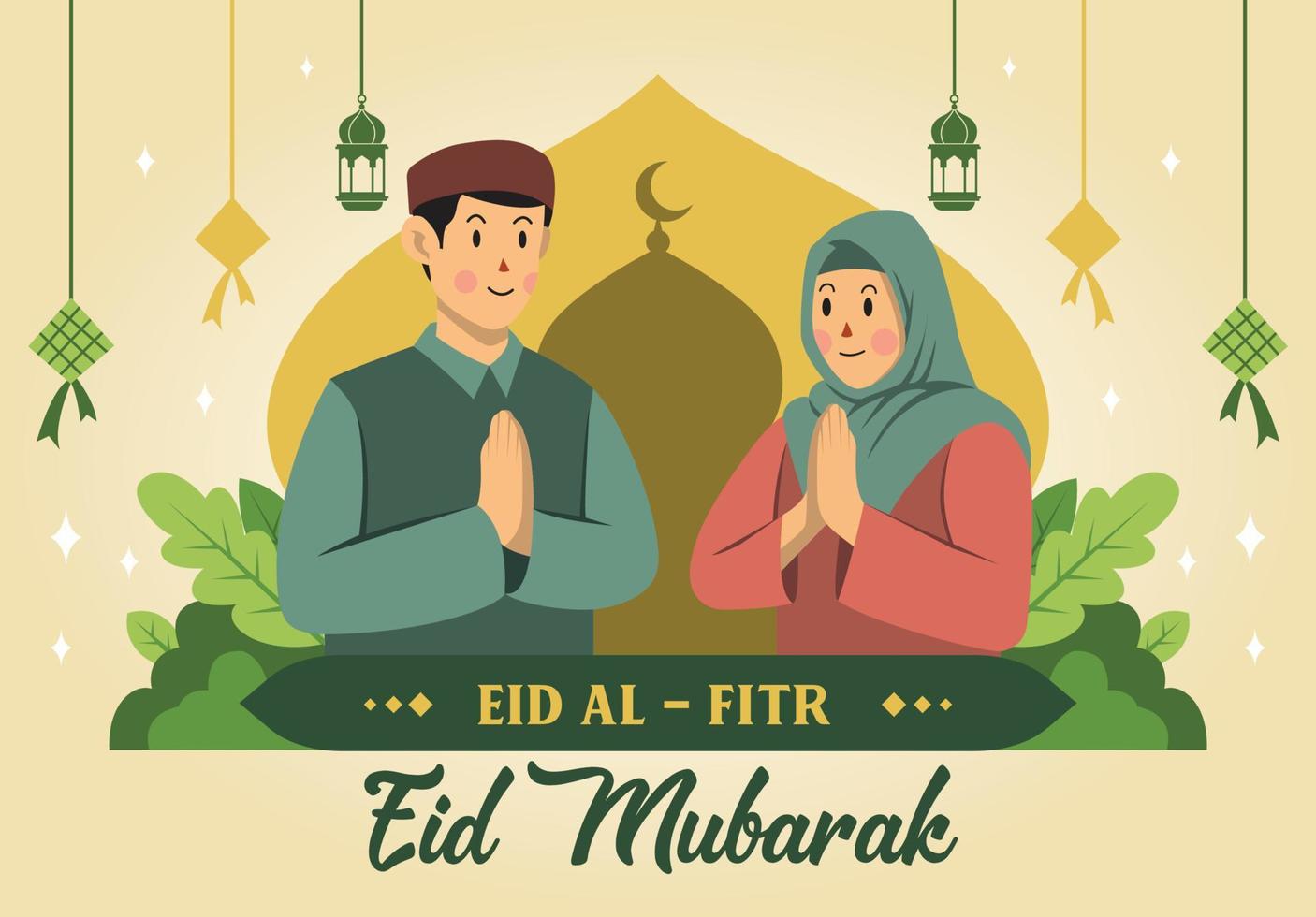 Flat design eid mubarak woman and man premium vector