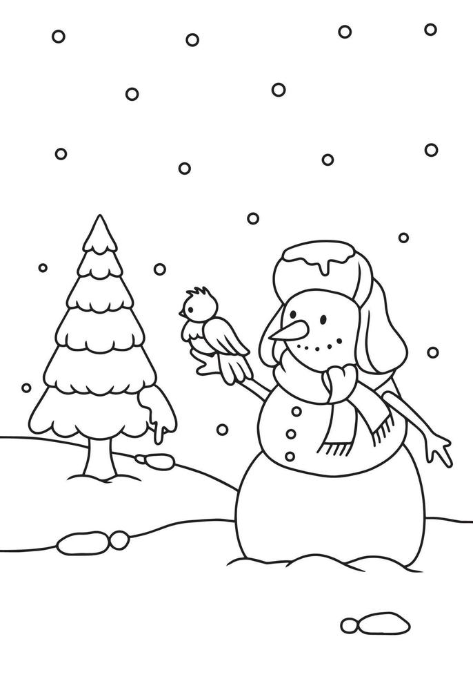 lindo muñeco de nieve con pájaro para colorear vector de ilustración de libro