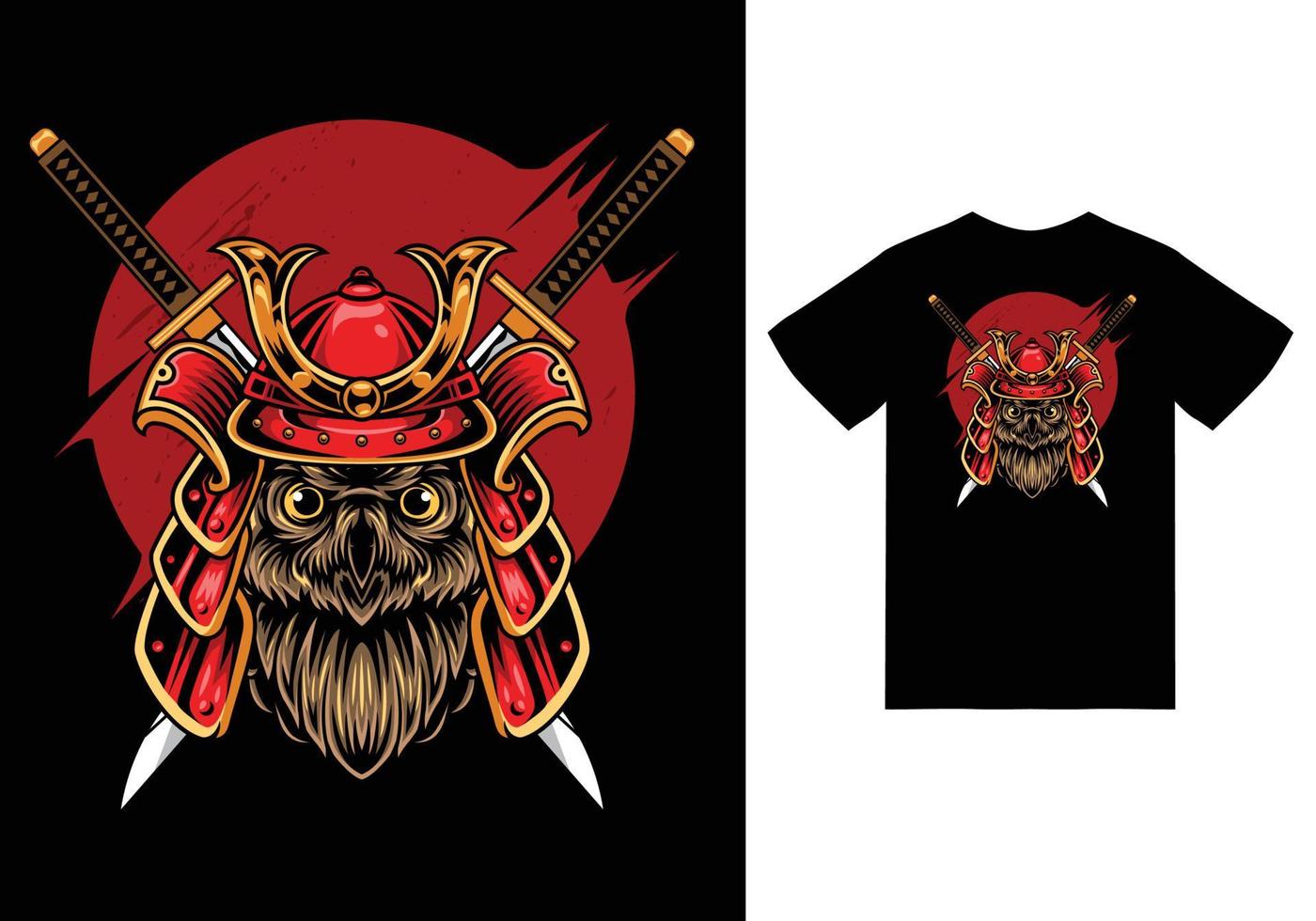 Owl samurai illustration with tshirt design premium vector