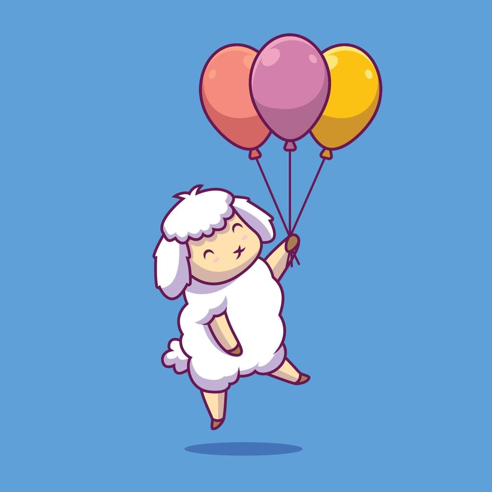 linda oveja flotando con globo ilustración de dibujos animados vector