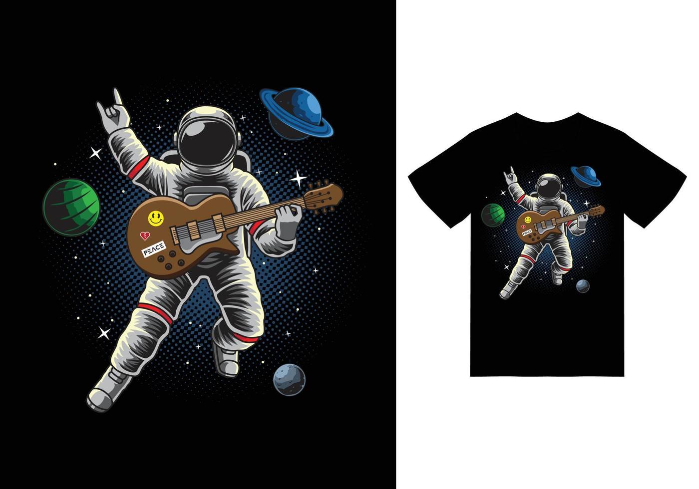 astronauta tocando la guitarra en la ilustración espacial con diseño de camiseta vector premium