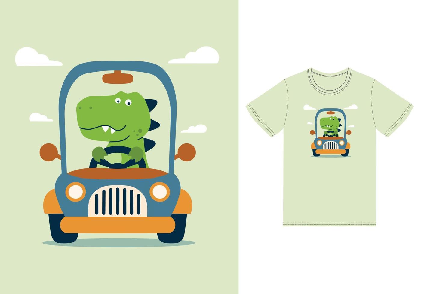 Cute dino driving a car illustration with tshirt design premium vector
