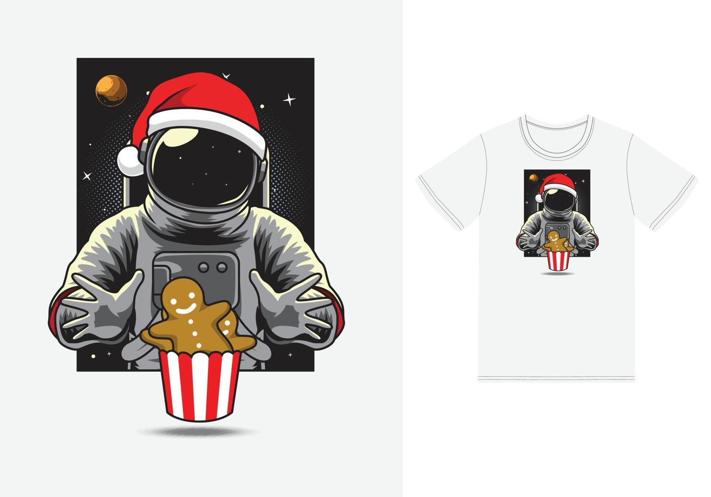 Astronaut eating cookies illustration with tshirt design premium vector