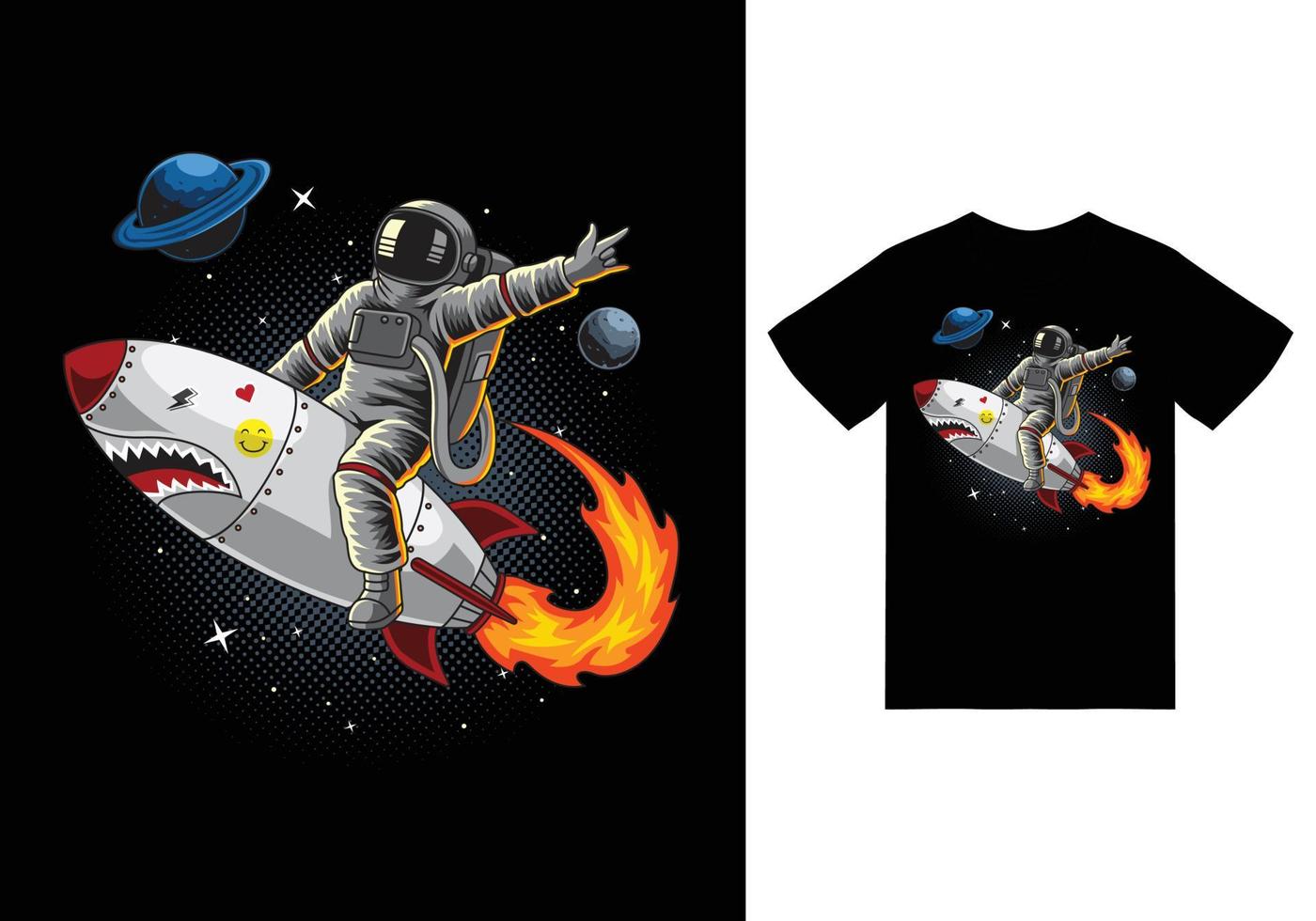 Astronaut riding rocket in space illustration with tshirt design premium vector