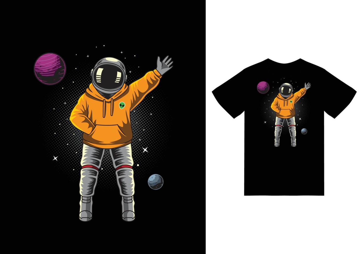 astronauta con suéter en ilustración espacial con diseño de camiseta vector premium