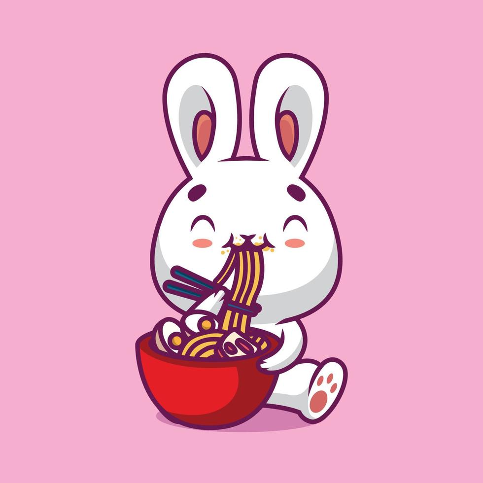 lindo conejo comiendo fideos ramen con ilustración de dibujos animados de palillos vector