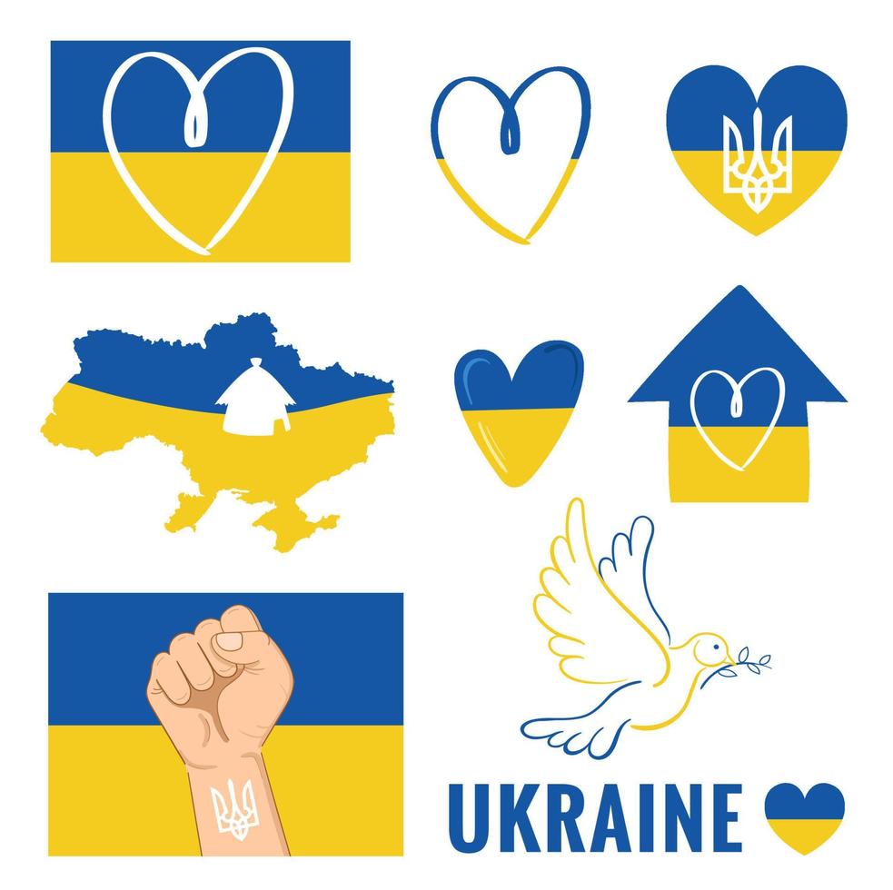 Ukrainian set flag, heart, arms, map on white isolated background vector