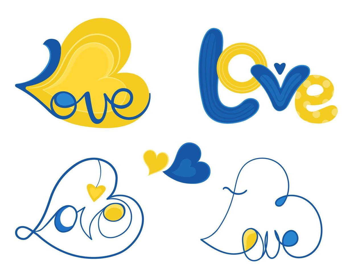 ilustración vectorial letras palabras amor. combinaciones de conjuntos de palabras en la bandera de color de Ucrania. ucrania color amarillo y azul vector