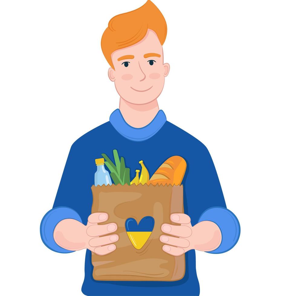 Vector illustration man with a bag of food. Support for ukraine