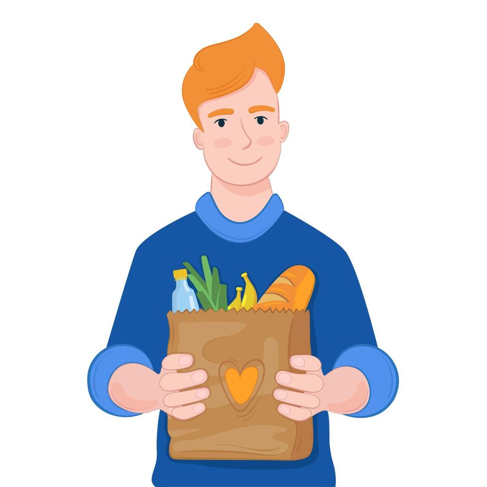ilustración vectorial hombre con una bolsa de comida. apoyo a la gente vector