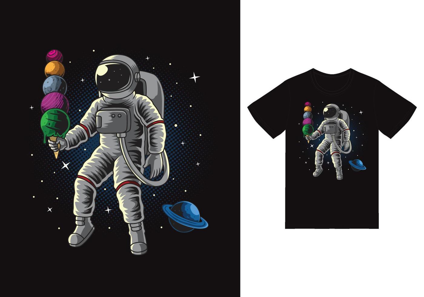 Astronaut holding ice cream illustration with tshirt design premium vector