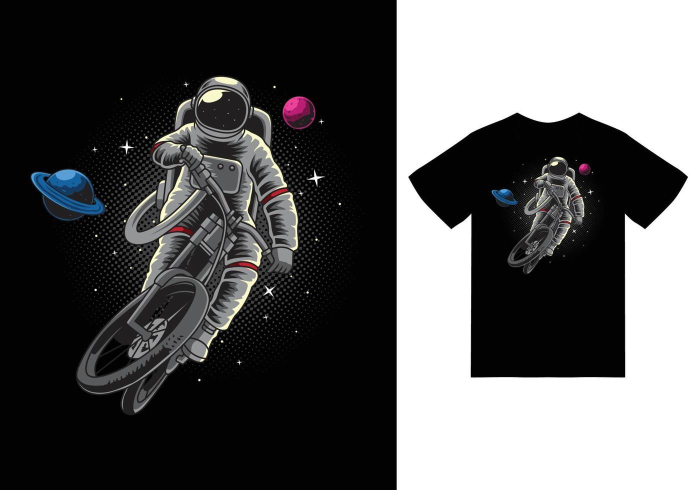 astronauta montando bicicleta en ilustración espacial con diseño de camiseta vector premium